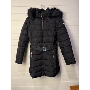 Tommy Hilfiger Puffer Coat Black Faux Fur‎ Hood Belted Waist Women's S